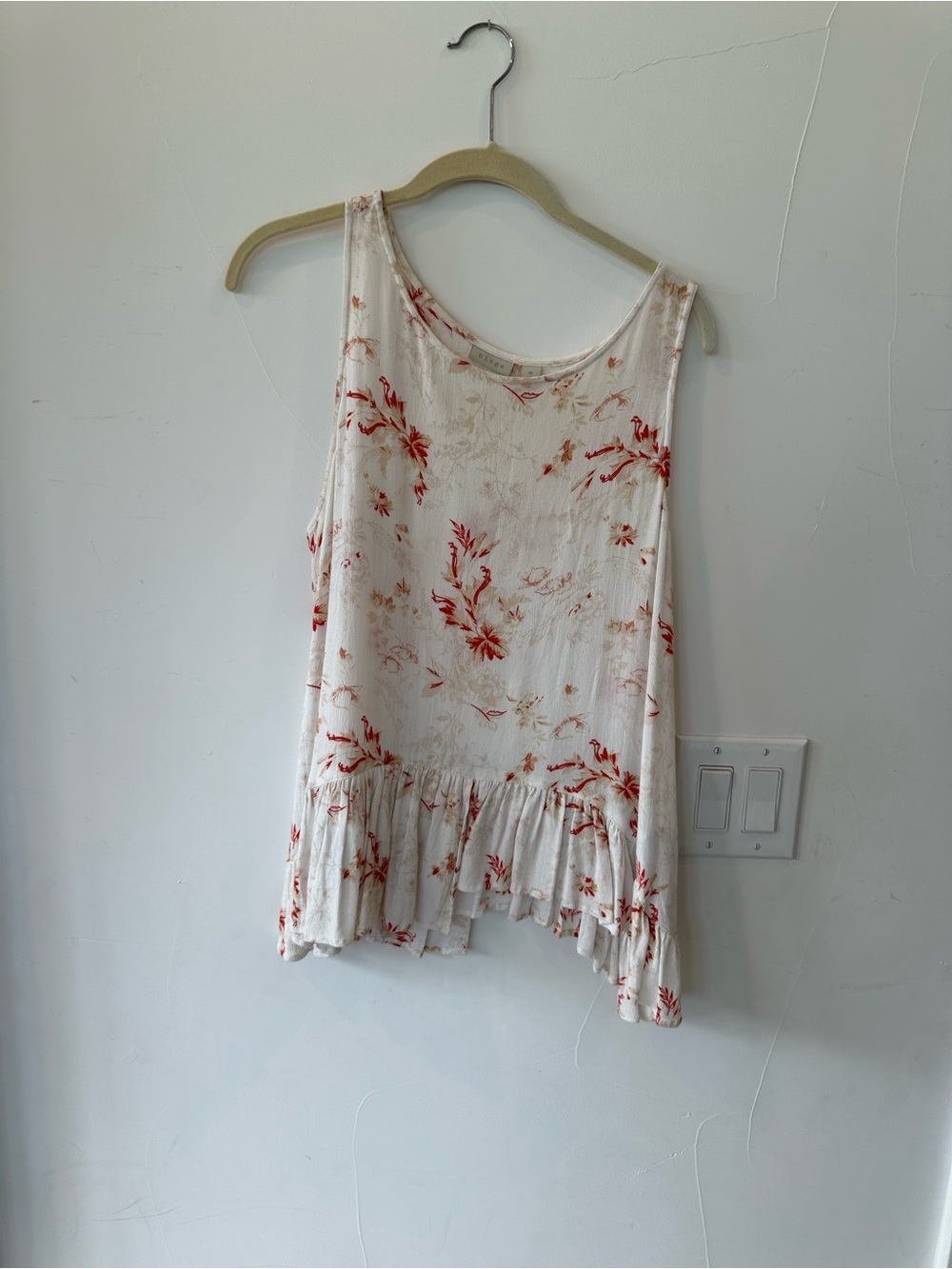 hinge Cream Tank with Red Floral Ruffle Hem